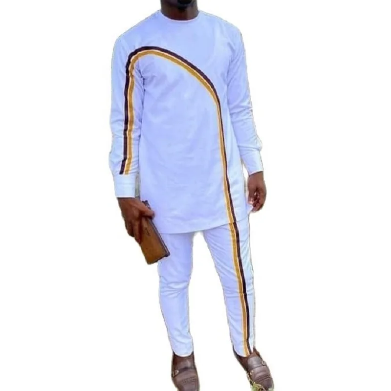 

Bicolor Stripes Design Patchwork Men's Suits Senator Style White Sets African Fashion Wedding Party Male Outfits Customized