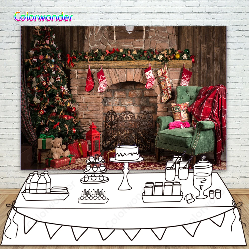 Рождественский фон для фотосъемки Рождественские подарки дерево камин чулок