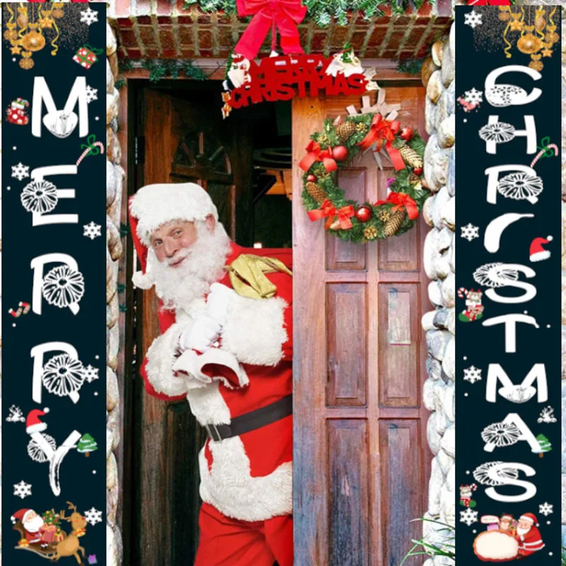 

Merry Christmas Couplet on Door Banners Party Decorative Flag Oxford Cloth Home Porch Outdoor Xmas Hanging Ornaments Supplies
