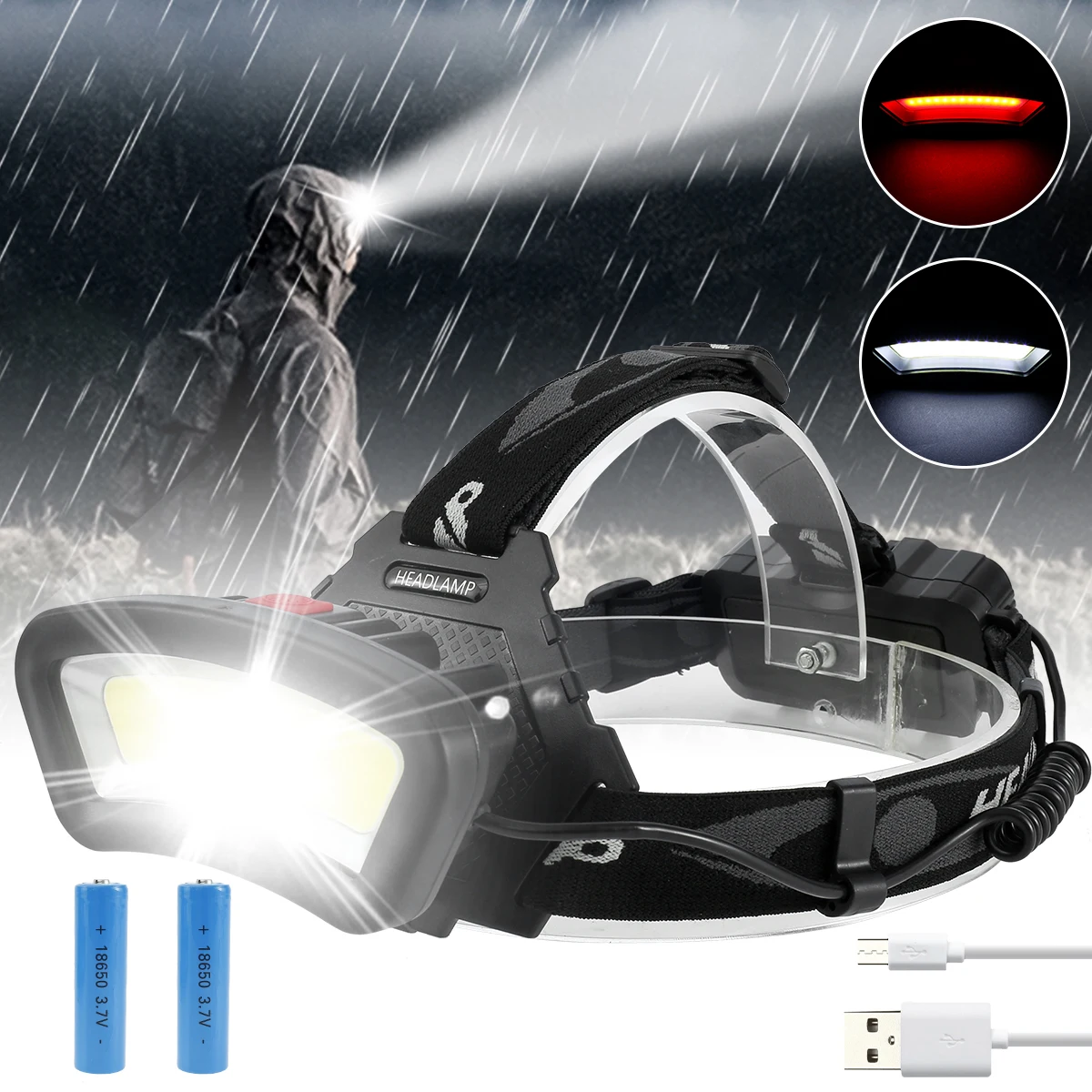 

LED Headlamp 500LM 10W USB Rechargeable COB Headlight 18650 Battery 4 Lighting Modes 90°Rotation Head Torch IPX4 Waterproof