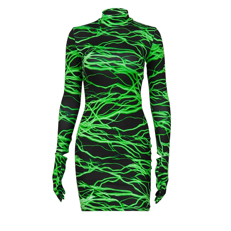 

2021 Autumn New Women's High Collar Printed Gloves Long Sleeve Dress Women