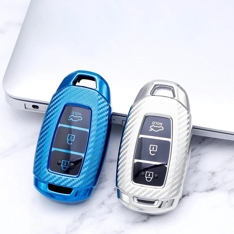 

TPU Carbon fiber texture Car Key Cover Case For Hyundai Santa Fe TM I30 Solaris Azera Elantra Grandeur Accent 2018 2019 Keychain