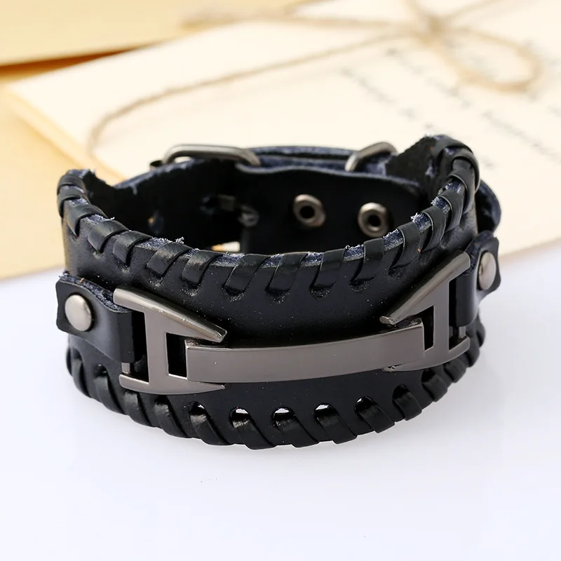 

2020 Punk Men's Temperament Cowhide Bracelet Woven Couple leather Bracelet Multi-layer Wide Package