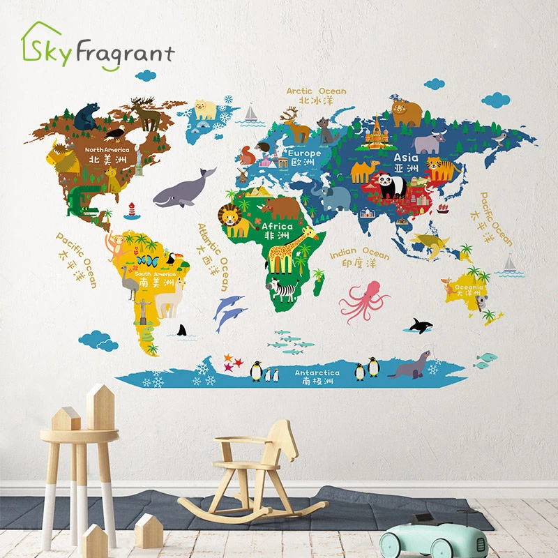 

Cartoon Animal World Map Wall Sticker Creative Kids Room Stickers Bedroom Study Wall Decor Self-adhesive Painting Home Decor