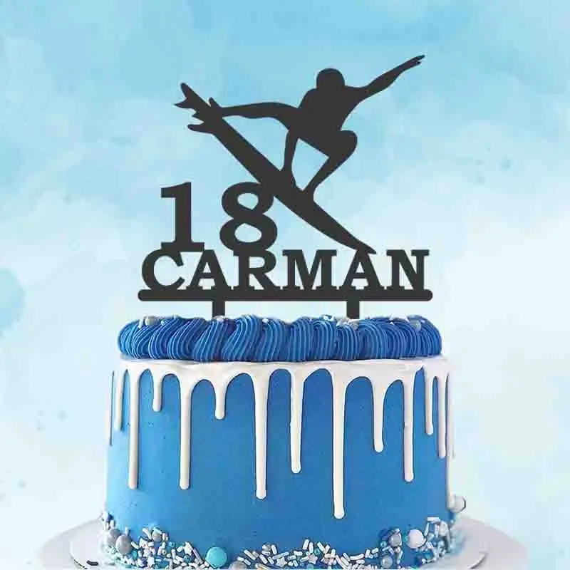 

Personalized Surfing Cake Topper Custom Name Age Man Beach Surfing Silhouette For Surfing Fans Birthday Party Cake Decoration