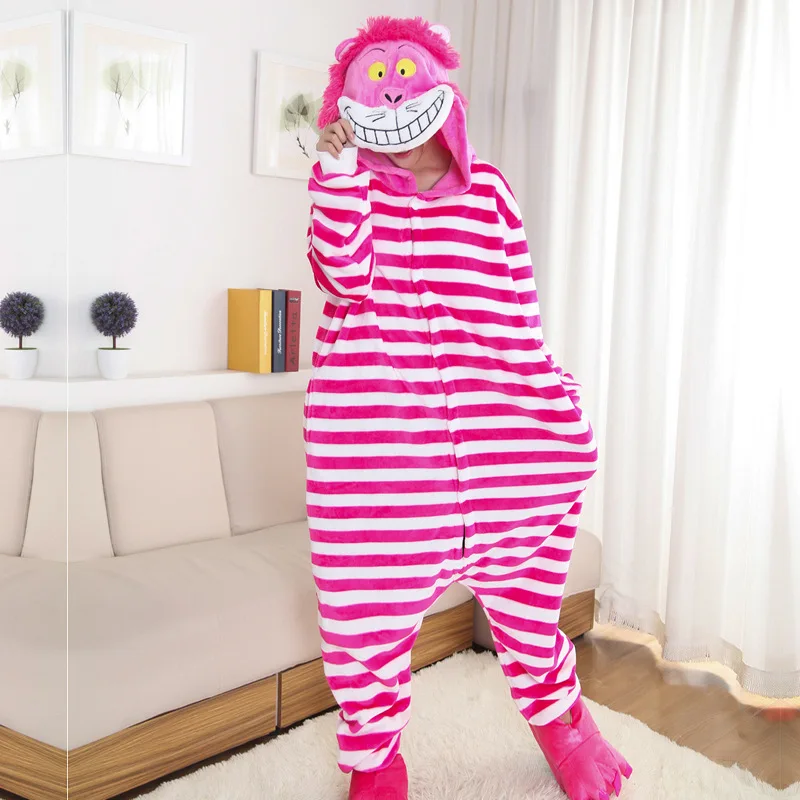 

Flannel winter new Cheshire cat cartoon animal one-piece pajamas for men and women with long sleeves parent-child role playing