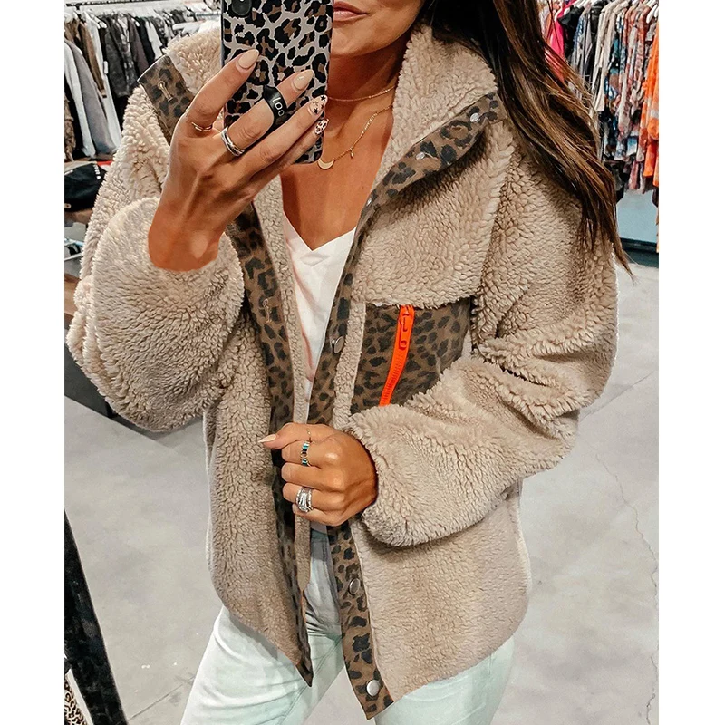 

Женское зимнее пальто с леопардовым принтом из искусственного меха, 2021