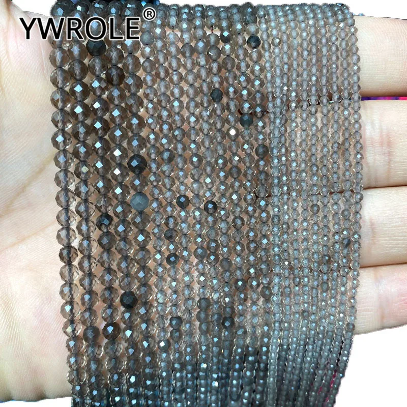 

YWROLE Natural Gem Stone Smoky Quartz Faceted Round Spacer Beads For Jewelry Making DIY Bracelet Necklace 2/3/4MM 15''