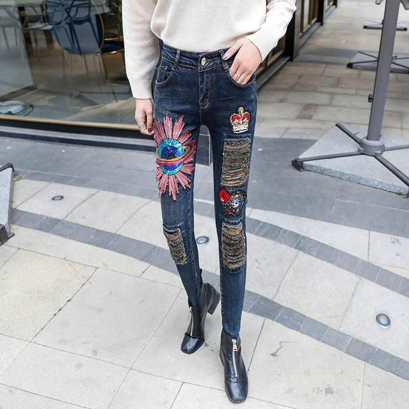 Fashion Sequins Crown Planet Patch Jeans Trousers Female High Waist Ripped Denim Pants Woman Casual Plus Size For Women | Женская одежда
