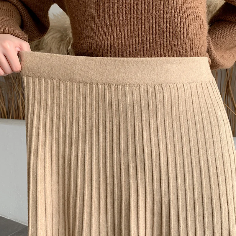 

Solid A-line Pleated Ankle Length Knit Skirts Coffree Beige Winter Thickened Rib Knitted Large Swing Maxi Long Skirts Elegant