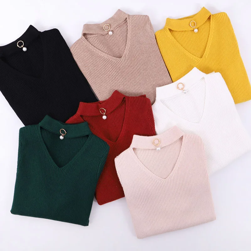 

Women Autumn Winter Fashion Solid Color Designed V-Neck Knitted Sweater Female Slim Elastic Top Ladies Elegant Pullovers M640