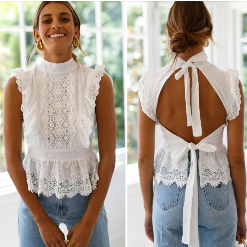 

Women Backless Lace Embroidery Shirts Ruffled Hollow Out Peplum Blouses Female Summer Style Streetwear Ladies White Clothing