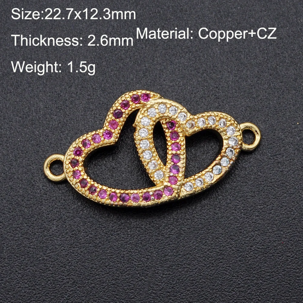 

5pcs/lot 23x12mm CZ Zircon DIY Jewelry Double Hearts Charm Connectors Wholesale Fashion Jewelry Accessories