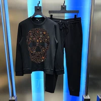 winter mens sets track suit cotton fabric hoodie and pantsshiny hot diamond skull sweatshirt male hip hop streetwear