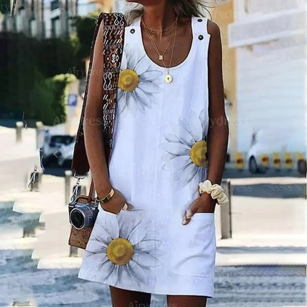 

Women's Summer Dress 2021 Print Sleeveless Casual Loose Beach For Lady With Pocket Daisy Linen Dress The Population Designer