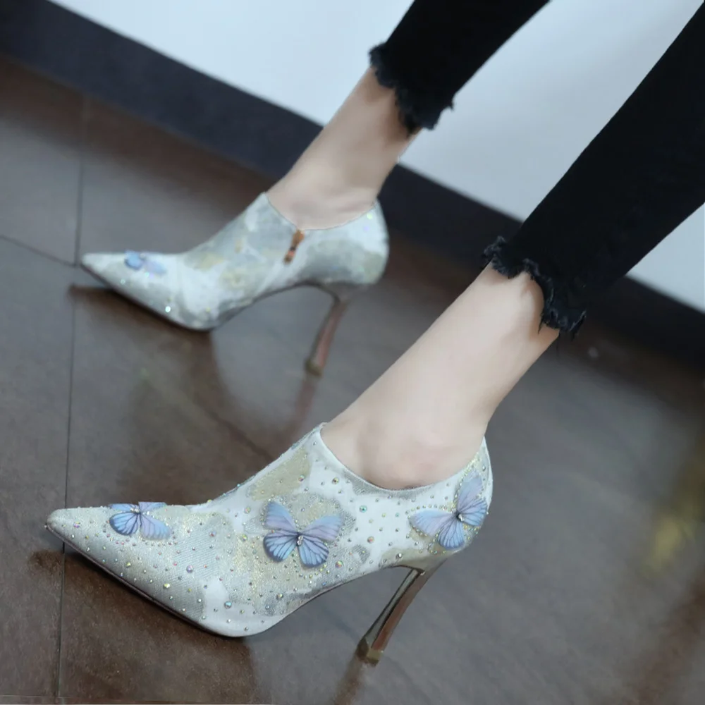 

Womens Pointy Toe Rhinestones Crystal 3D Butterfly Ankle Boots Stilettos High Heel Shoes Sexy 2Colors New 2021 Zapatos De Mujer