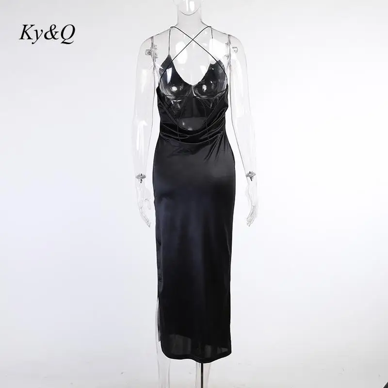 

Summer Sexy Satin V Neck Ruched Maxi Dress Women Spaghetti Strap Sleeveless Backless Side High Split Long Dresses Back Lace Up