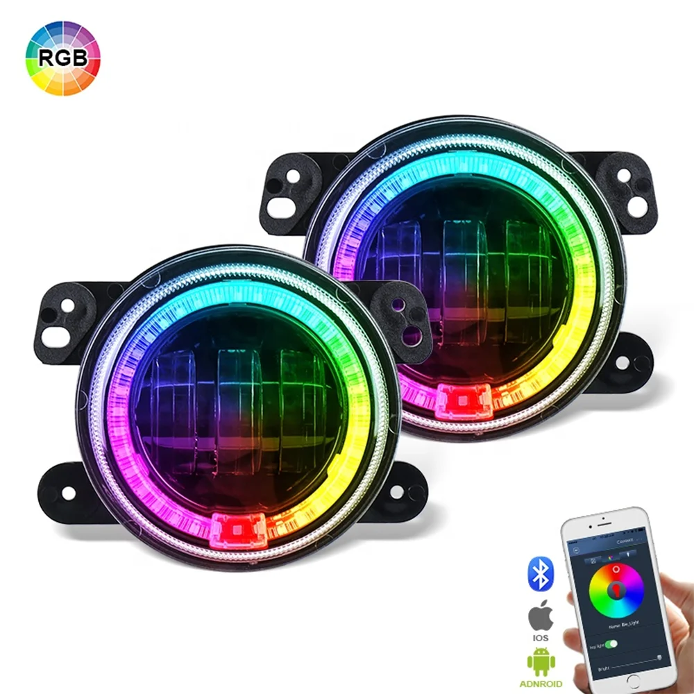 4 Inch Round Led Fog Lights RGB Angel Eyes and White DRL Phone App Control for Jeep Wrangler JK 2007-2015 | Автомобили и