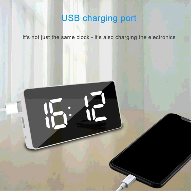 

LED Large Display Clocks with Mirror Snooze Dual USB for Bedroom