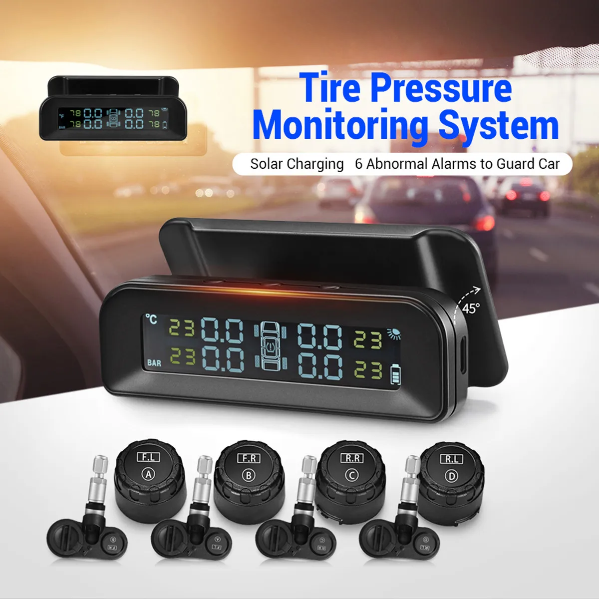 

2021 Новый Солнечный беспроводной монитор давления в шинах ЖК-тестер + 4 внешних датчика Датчик давления Солнечные часы