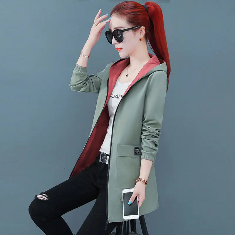 

2020 double side Windbreaker Jacket Women's long spring and autumn new style Korean loose large hooded spring top fashion