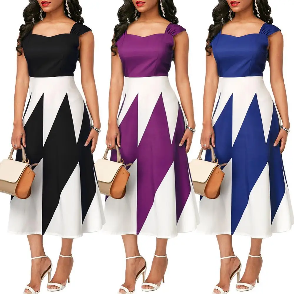 

50%HOT Party Women Color Block Square Neck Sleeveless High Waist A-Line Midi Dress