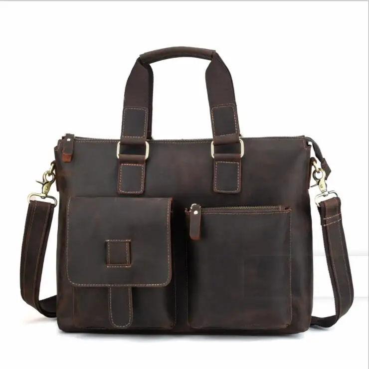 Luufan Vintage Crazy Horse Leather Briefcase 15 Inch Retro Genuine Leather Business Bag Laptop School Shoulder Bag