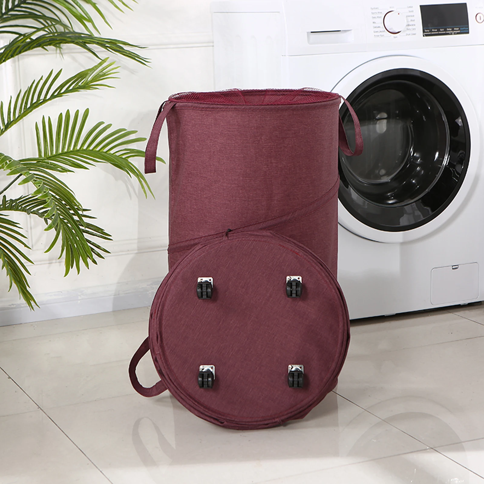 

Dirty Clothes Hamper with Wheels Foldable Design Breathable Densely Woven Mesh Portable Creative Storage Bucket