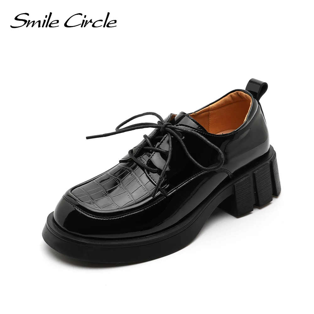 

Smile Circle Oxford Shoes Women Patent leather Lace-ups Bullock Fashion Round toe Square Heel Derbies Ladies Loafers Black