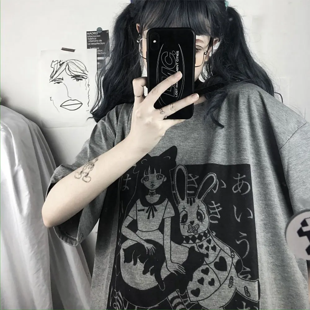 

ZOTTSOZ Tshirts Women Japanese Cartoon Anime Print Gothic Short Sleeve Tees Loose Cotton Korean Harajuku Casual T-Shirts Tops