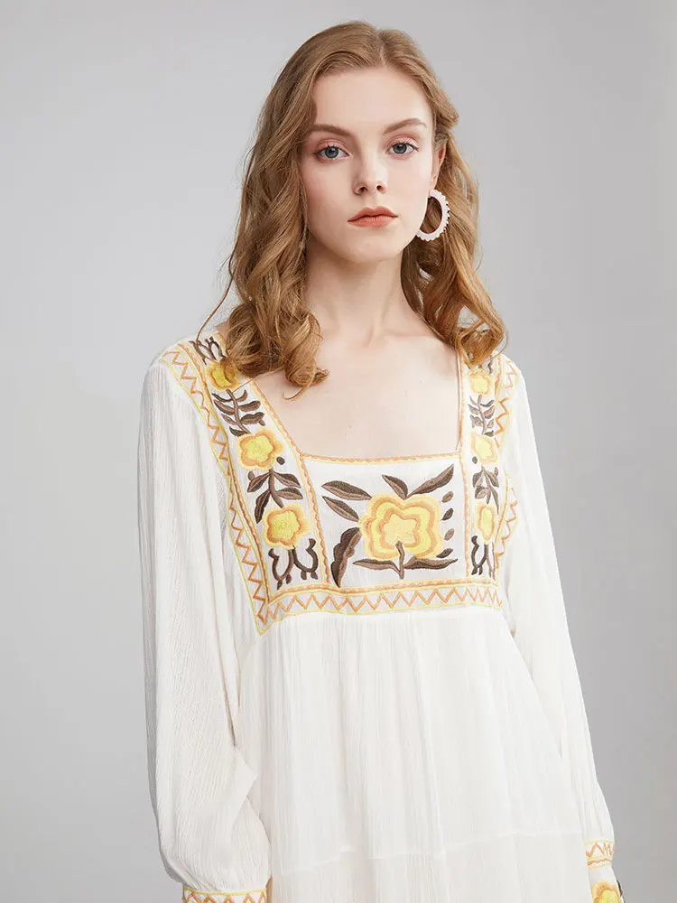 

Summer new Bohemian travel holiday beach dress rural style embroidered square collar dress han version loose dress