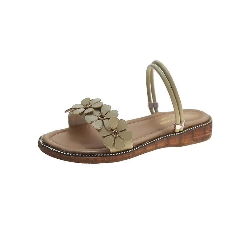 

Women's Shoes 2021 Spring And Summer New Beach Wear Out Mules Slippers Flower Decorated Leather Shoes