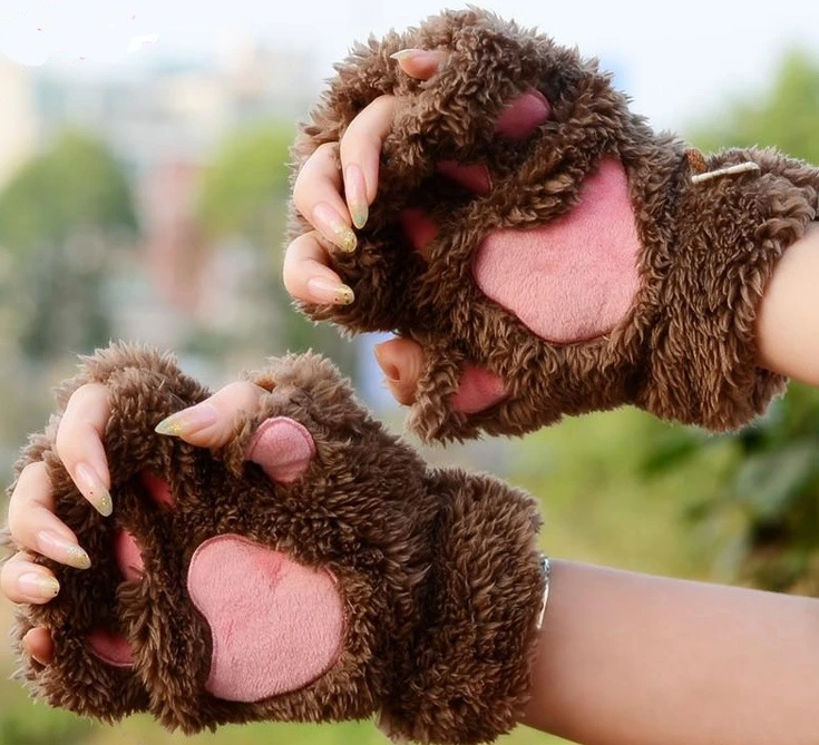 

Cute Cat Paw Fluffy Claw Fingerless Gloves Warm Soft Plush Fingerless Panda Glove Half Finger Women Winter Wear Christmas Gifts