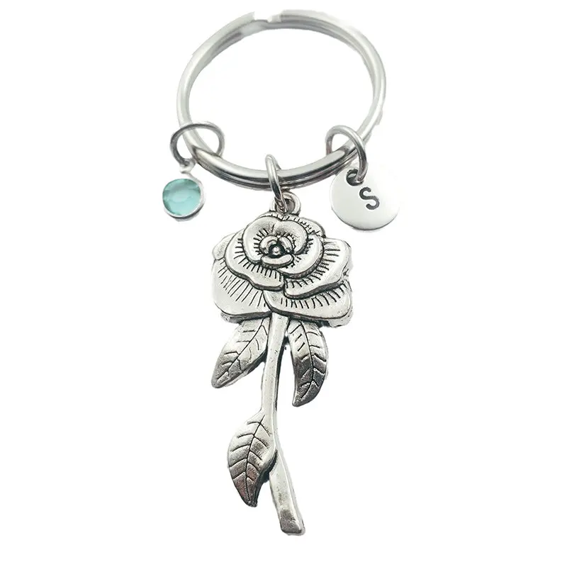 

Rose Flower Initial Letter Monogram Birthstone Keychains Keyring Creative Fashion Jewelry Women Gifts Accessories Pendant