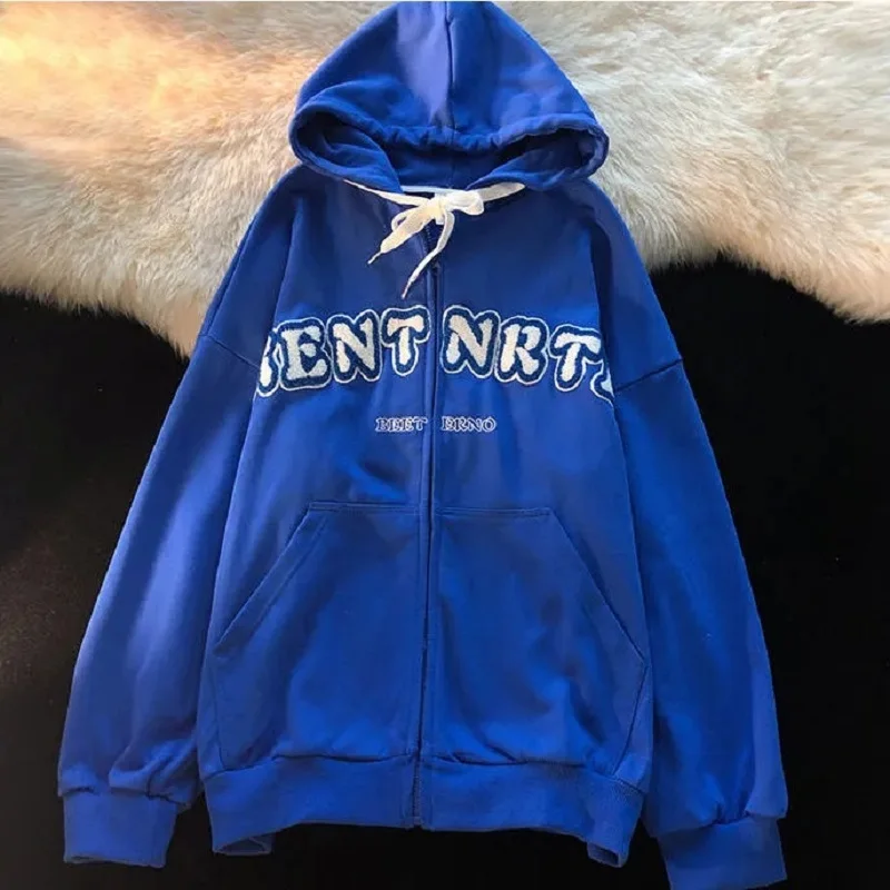 

Street American retro sweater hooded Harajuku letters solid color open lining Y2K long-sleeved casual warm top jacket Cardigan