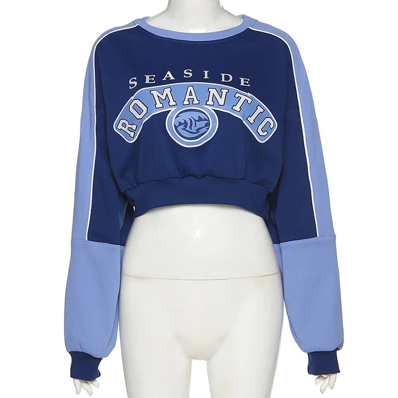 

2021 Spring Woman Sweatshirt Short Pullover Top Hip Hop Letter Pattern Printed Sweatshirts Crop Casual Splicing Women's Clothing