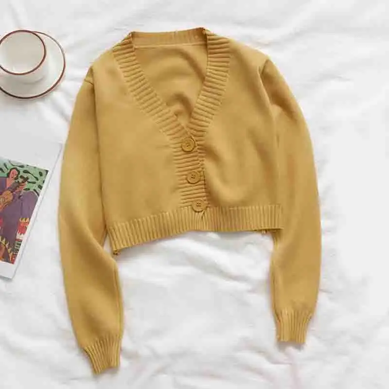 Женский укороченный вязаный кардиган короткий свитер в Корейском стиле с