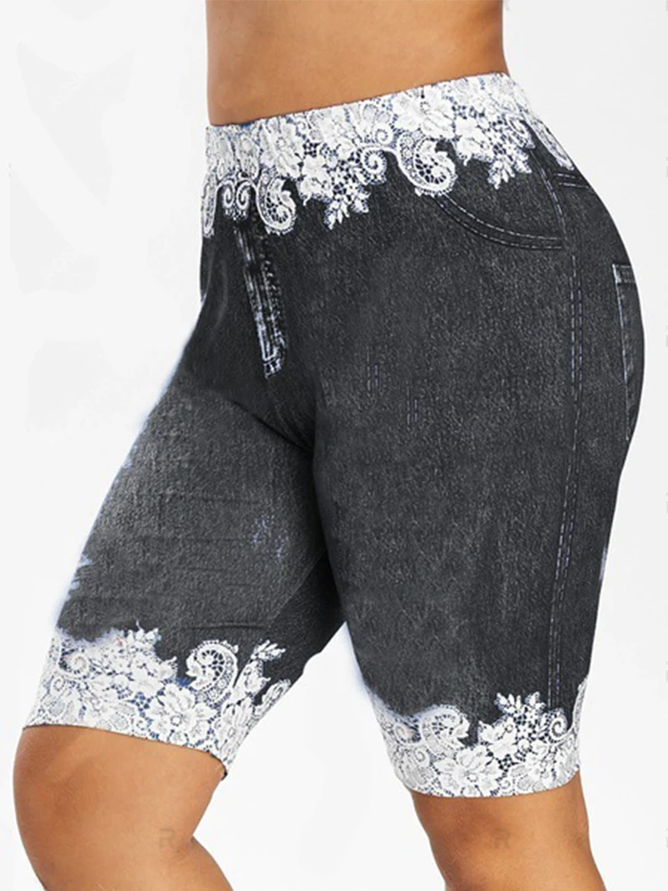

Women's Jean Leggings Plus Size Solid Color Lace Printed Denim Stretch Workout Pants High Waisted Running Gym Trousers