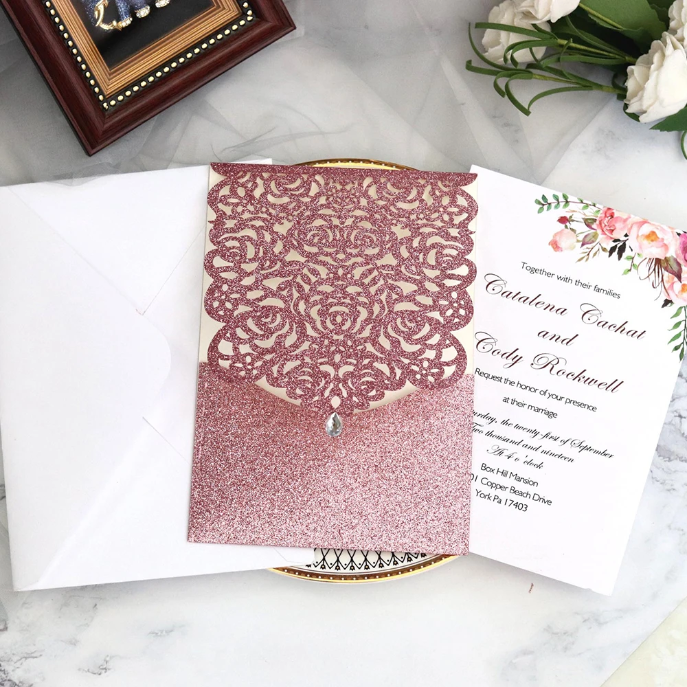 10pcs Pearl paper Business Invitation Glitter Openwork Pocket Rose Lace Card Wedding Universal | Дом и сад