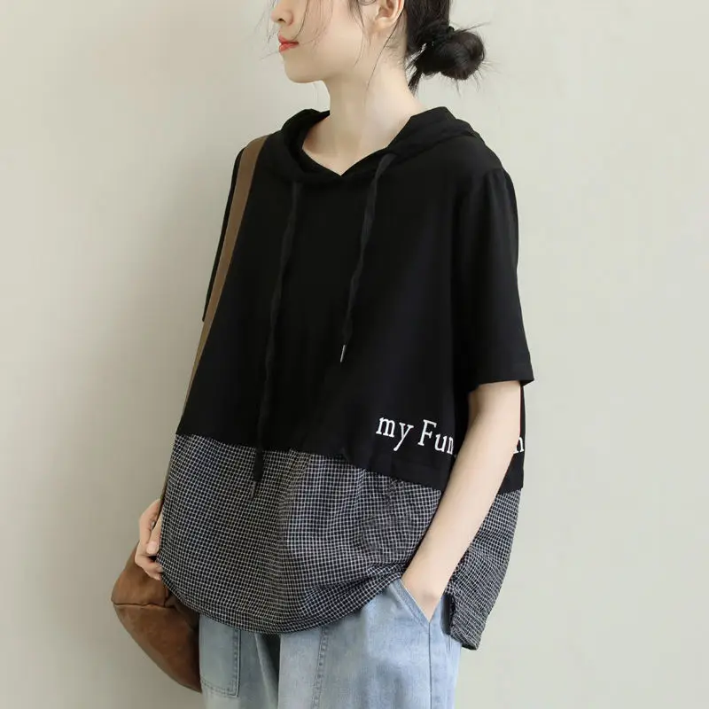 

Cotton Loose Literary Short-sleeved T-shirt Summer New Splicing Lattice Letter Printing All-match Casual Plus Size Top