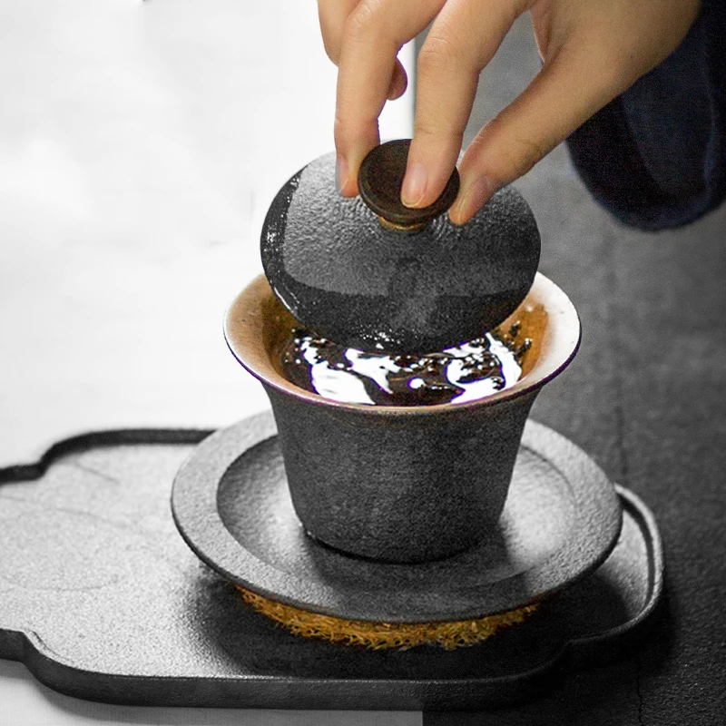 Винтажная керамическая керамика Gaiwan чайная чашка с деревянной крышкой и