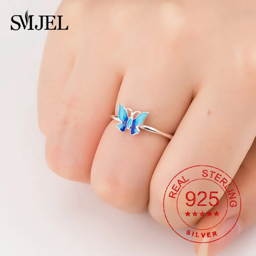 

100% 925 Sterling Silver Blue Butterfly Rings For Women Vintage Sterling Silver Jewelry Animal Adjustable Butterfly Cuff Ring