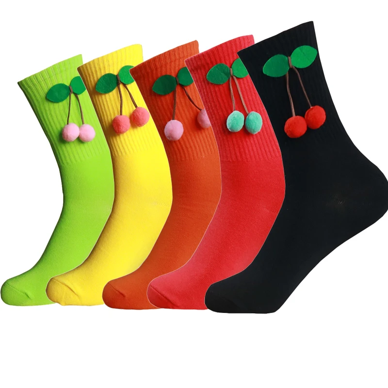 Designer Socks Woman Decorative Cherry Cute Fashion Girl Gift Socks Cotton Solid Color In Tube Socks 5 Pairs In A Pack