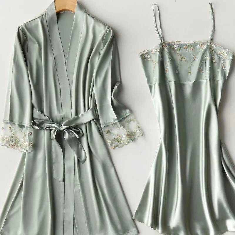 

Summer Sexy Women Sleepwear Loose Faux Silk Robe Kimono Gown Patchwork Lace Nightgown Loungewear Above Knee Home Dress Nightwear