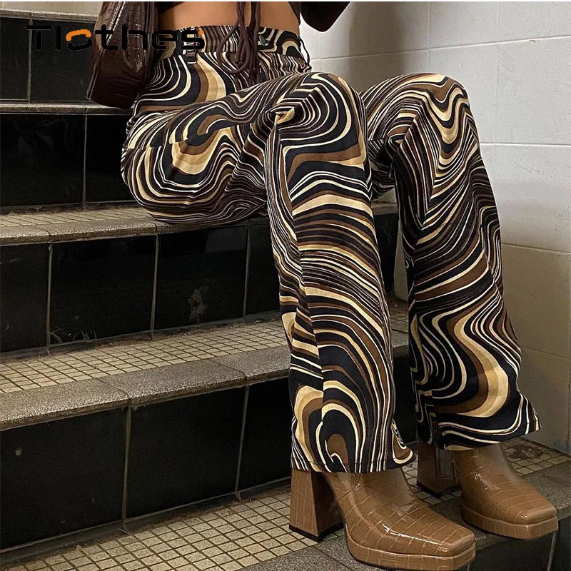 

Paisley Print Brown Pants Women Streetwear High Waist Cargo Pants Streetwear Harajuku Print Straight Pants Ladies Long Trouser