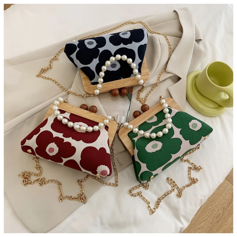 

Burgundy Green Black Color Floral Korean Style Women's Bag With Beading Pearl Deco Handbag One Shoulder Cross-body Bag