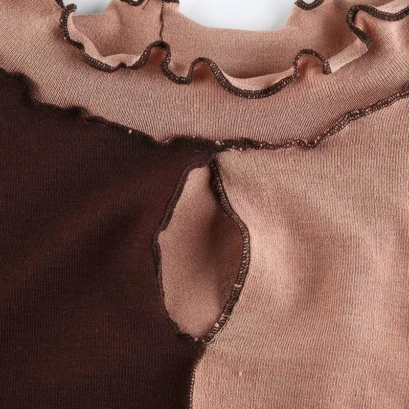 

Ruffled Hollow Out Patchwork Women's T-shirts Long Sleeve Female Crop Tops 2021 Spring Autumn Streetwear Casual Ladies T-shirt