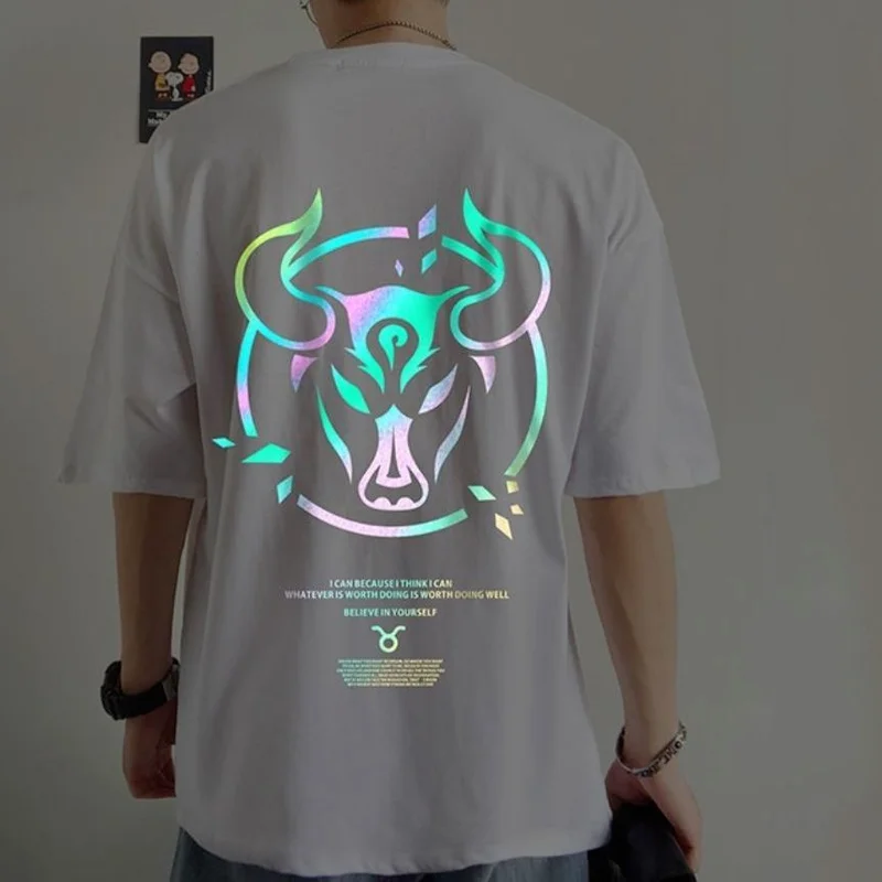 

New Summer Print Woman Tshirts Graphic Reflective Short Sleeved Tops Female Harajuku Style Constellation Street Loose Top 2021