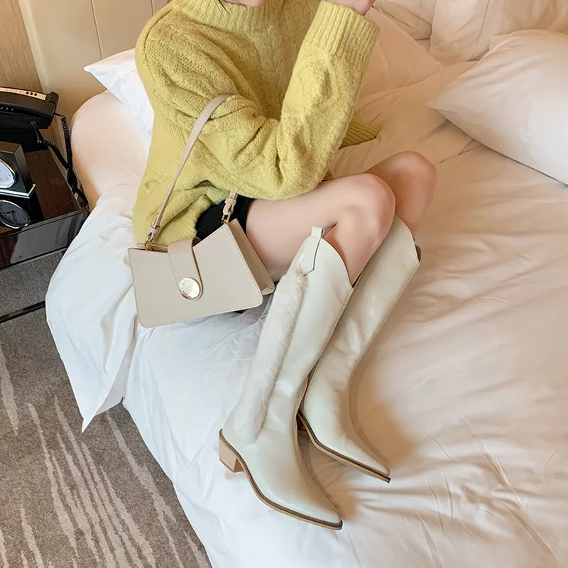 

MORAZORA 2021 genuine leather boots med heels pointed toe winter keep warm knee high boots high quality women boots
