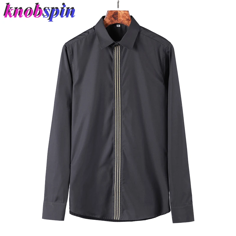 

Gold Line Embroidery design Long sleeve Shirt men 2019 Brand New Slim Business male dress Shirts High quality Cotton Camisas